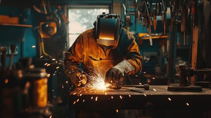 Poster - The intense focus of a welder crafting metal artwork, with sparks flying in a workshop filled with tools, captures the essence of industrial artistry.