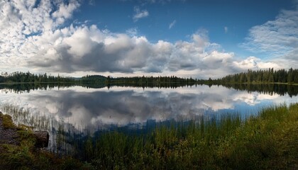 Wall Mural - fluffy clouds hang low over a tranquil lake their reflections creating a mirror image on the still water