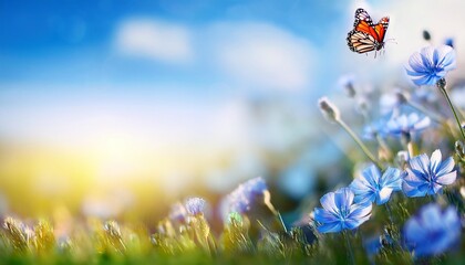 beautiful blurred nature background with blooming meadow and blue sky on a sunny day butterfly and delicate blue flowers ai generative