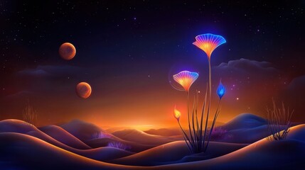 Lunar landscape, glowing alien plants