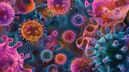 Poster - Microscopic view of bacteria and viruses, emphasizing the diversity of pathogenic cells with a clear area for text. -