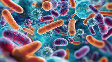 Poster - Microscopic view of bacteria and viruses, emphasizing the diversity of pathogenic cells with a clear area for text. -
