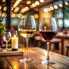 Candlelit Red and White Wine Glasses on a Wooden Table