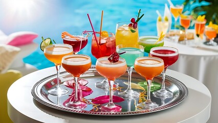 Many glasses of cocktails on tray on table, on bright background