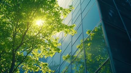 Wall Mural - Eco architecture Green tree and glass office building The harmony of nature and modernity Reflection of modern commercial building on glass with sunlight : Generative AI