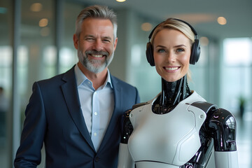 portrait of a smiling  business man and a technologically advanced robot