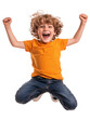 © Iana - Young boy jumping with joy in orange t-shirt and blue jeans isolated on transparent background