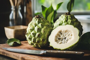 Cherimoya Fruit Sliced on Wooden Cutting Board with Knife