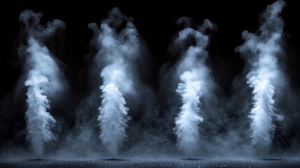 Poster - Includes closeup shots of abstract white steam or smoke rising upwards From humidifying spray isolated on black background : Generative AI