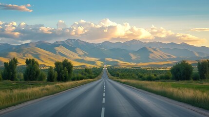 Picturesque asphalt road panorama with mountains and green fields trees summer highway in Kazakhstan sunset golden hour warm colors blue sky : Generative AI