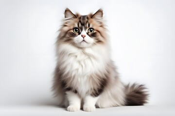 A charming munchkin cat with short legs and a fluffy coat sitting proudly on a white background, AI Generated