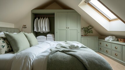 Poster - Bedroom with double bed with green cushions and blankets white towels builtin wardrobe with sliding doors pale green chest of drawers in attic room : Generative AI