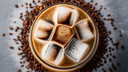 Close up view of ice coffee in glasses with coffee grains on grey background