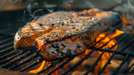 Wall Mural - Fresh cooked delicious salmon steak with spices and herbs. AI Generated