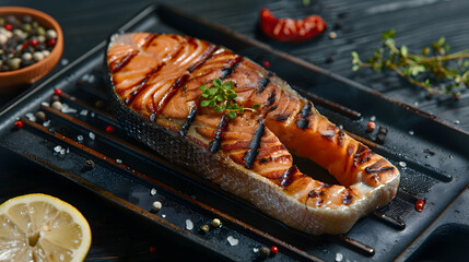 Wall Mural - Fresh cooked delicious salmon steak with spices and herbs. AI Generated