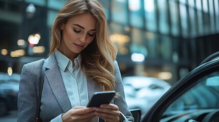 Poster - Successful business woman standing outside the office building while entering the car on a driver seat and using a smartphone Businesswoman wearing a suit and a business bag Woman lead : Generative AI