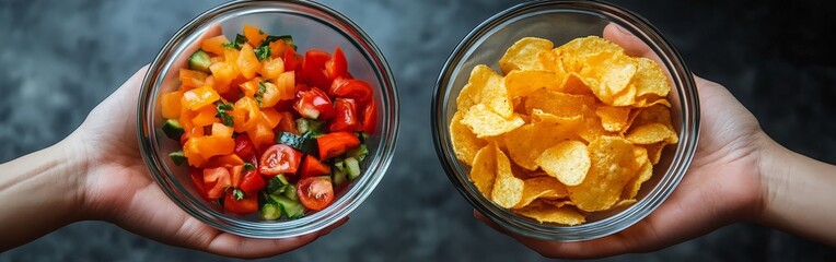 Healthy Salad vs Junk Food Chips in Contrasting Hands