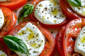 close-up of caprese salad with fresh basil and olive oil