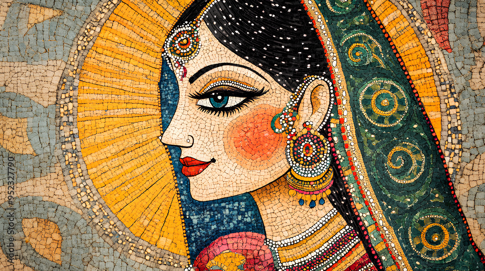 Colorful traditional Madhubani art from India of a woman in a sari on a ...