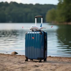 banner of suitcase on the beach on the flying plane background, travel vacation background