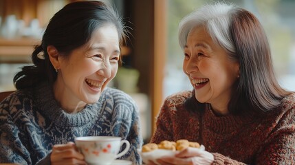 Portrait happy woman and elderly mother drinking tea at breakfast bonding and smile in house Face senior mom and adult with coffee cup at table food and family eating biscuits at home  : Generative AI