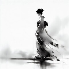 Serenity in Tradition: Graceful Geisha in Black and White Ink Art with Generative AI.