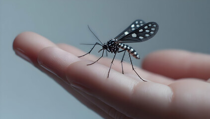 A close-up of a mosquito resting on a human hand, showcasing intricate wing patterns and details.