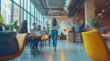 Aufkleber - Multiethnic startup business team on meeting in a modern bright open space coworking office Brainstorming working on laptop Group of coworkers walking around in motion blur : Generative AI