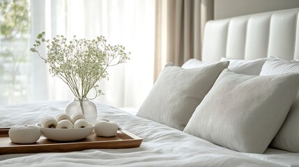 Poster - Bedroom with a double bed with a white leather upholstered headboard with cushions of various types and a wooden tray with a vase and rolls in a white bowl : Generative AI