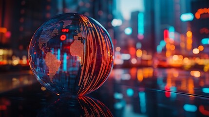 Poster - Reflection of financial numbers and graph on glass globe : Generative AI