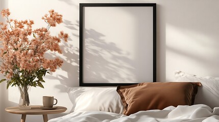 Poster - Vertical black picture frame mockup Retro wooden mahogany bedside table cup of coffee Beige linen throw brown velvet pillow in bed White wall background Scandinavian bedroom elegant in : Generative AI