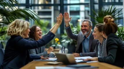 Poster - Diverse group of laughing businesspeople high fiving each other while working around a table in an office building : Generative AI
