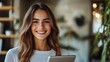 © The Little Hut - Happy real estate agent using digital tablet with her clients during consultations in the office Copy space : Generative AI