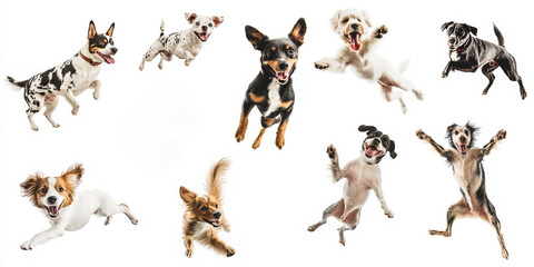 Wall Mural - A group of dogs are jumping and playing in the air. The dogs are of different sizes and colors, and they are all having fun. Concept of joy and playfulness