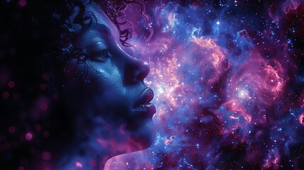 A woman's face is surrounded by a swirling nebula of stars and dust, with vibrant pink and blue colors.