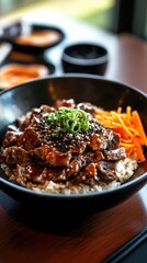 Wall Mural - Korean food beef bulgogi on rice in black bowl
