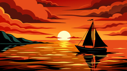 Canvas Print - draw a sailboat alone in a black sea during a sunset vector illustration