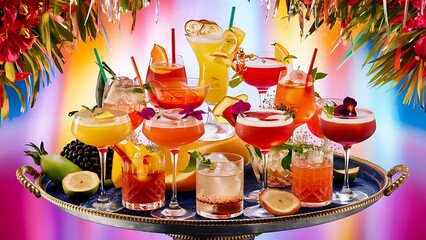 Many glasses of cocktails on tray on table, on bright background