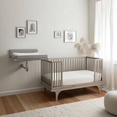 Stylish Scandinavian newborn baby nursery with natural wooden baby cot