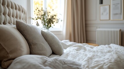 Poster - Classic style bedroom with lots of cushions on the bed fabric upholstered headboard wooden floor and radiator in one corner : Generative AI