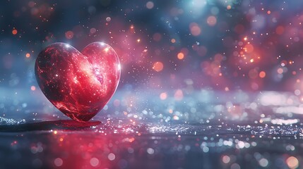 Canvas Print - A red heart shape with a galaxy inside, on a dark blue background with white bokeh lights.