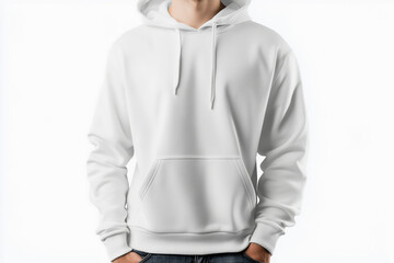 Mockup of a white casual hoodie worn by a male model