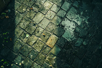 Overhead Shot of Rain Water Replacing Missing Brick on Wet Brick Path.