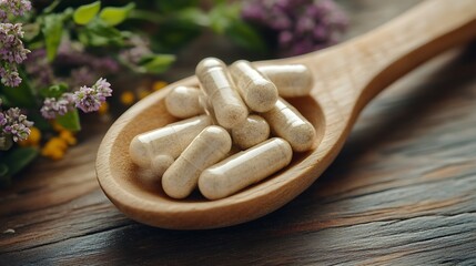 Aufkleber - Herbal capsules in wooden spoon Natural herbs Alternative Medicine Herbal supplement : Generative AI