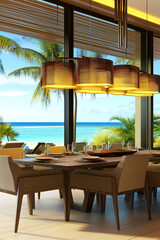 Wall Mural - Luxury polynesian style dining room. Emerald color ocean view outside the window. Spacious dining table.