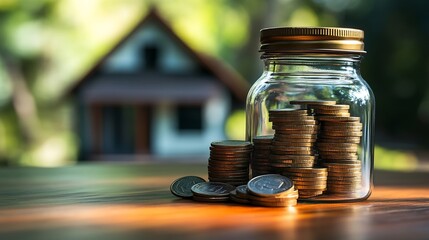 Poster - MortgageModel house and stack of coins money in the glass bottle on natural green backgroundBusiness investment and real estate concept : Generative AI