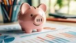 © sarun - Pink piggy bank on a desk with financial charts and graphs, representing financial planning.