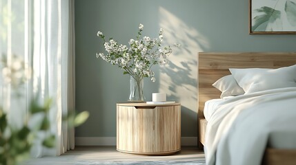 Poster - Closeup fragment of bedroom with empty wooden bedside table in a gray bedroom : Generative AI