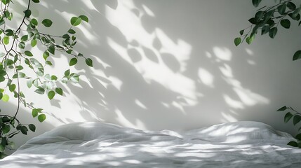 White Bedroom with Shadow leaves and Natural Bright Sunlight Shining Through Window on Cement Wall Texture and Cotton Bed Sheet White and Grey with copy backdrop background banner : Generative AI