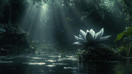 Serene water scene with a blooming lotus in a misty forest.